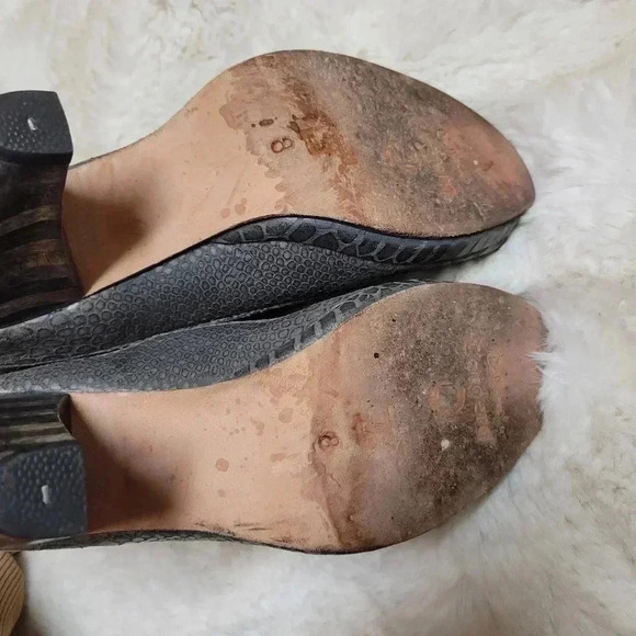 Colleen Cordero Open Toe Heeled Boots Grey Snakeskin Wood Heel Size 8 USA Made - Picture 8 of 9